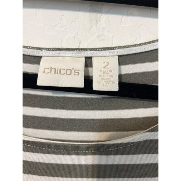 Chico's Sz 2 (US L 12) Grey Green Striped Stretchy Tee Shirt Dress Beachy - Picture 3 of 7